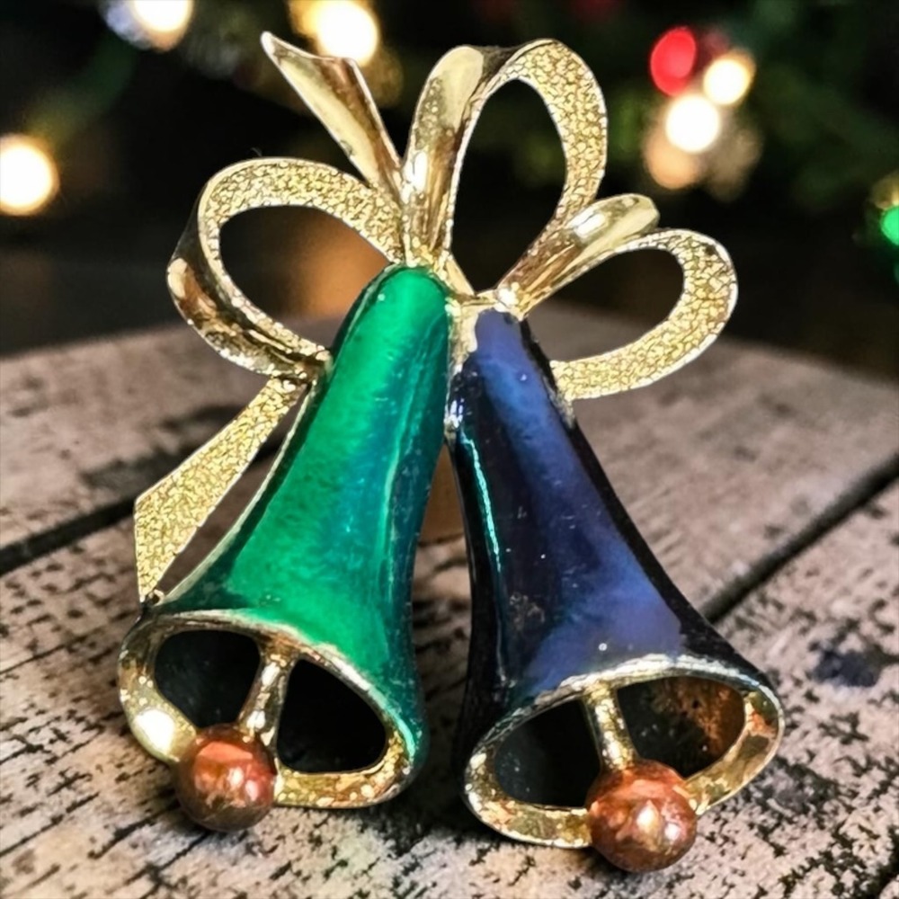 Vintage Gerrys Christmas Bell Brooch Gold Tone Green‎ Blue Enamel